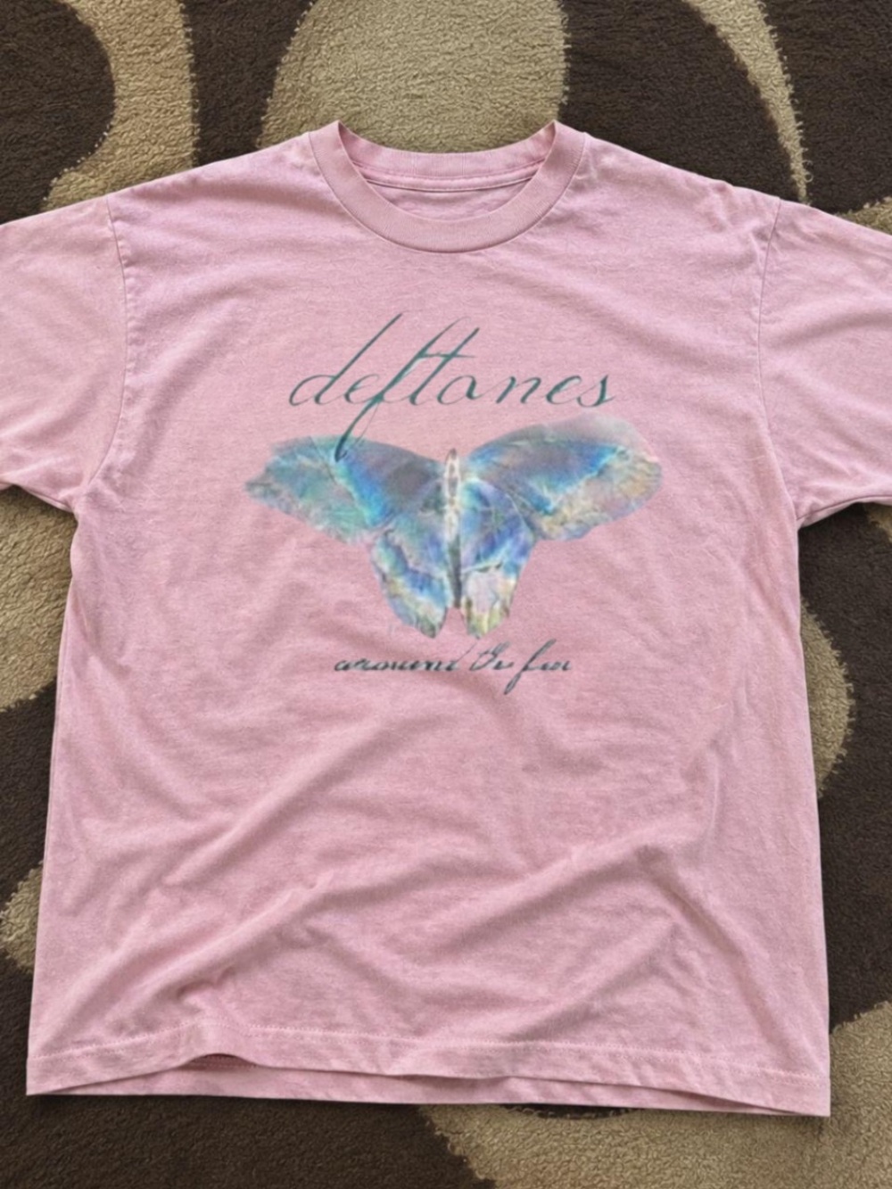 Gildan Pink Tee with Iridescent Blue Butterfly Graphic
